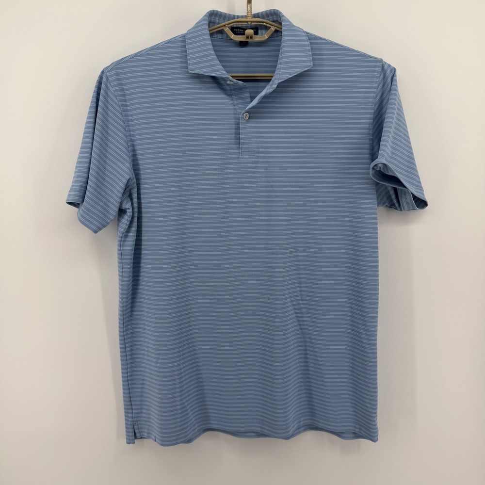 Peter Millar Crown Crafted Mens Large Blue Striped Performance Golf Polo Shirt